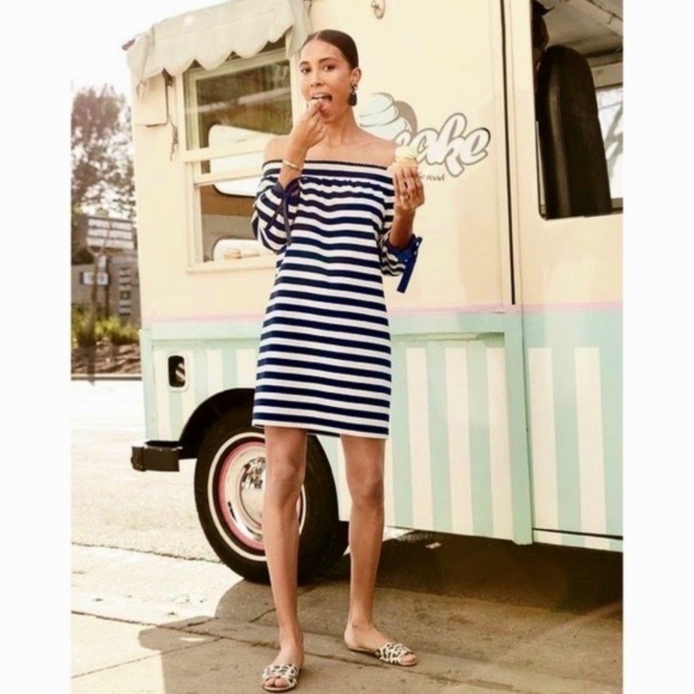 J. CREW Navy Blue Striped Off Shoulder Nautical Dress Bow Sleeves ~ Medium